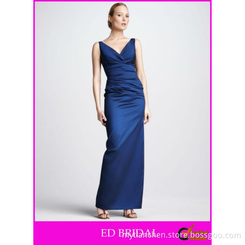 Sheath V neckline Sleeveless Maxi skirt with back Vent Satin Navy Blue Cocktail Dresses